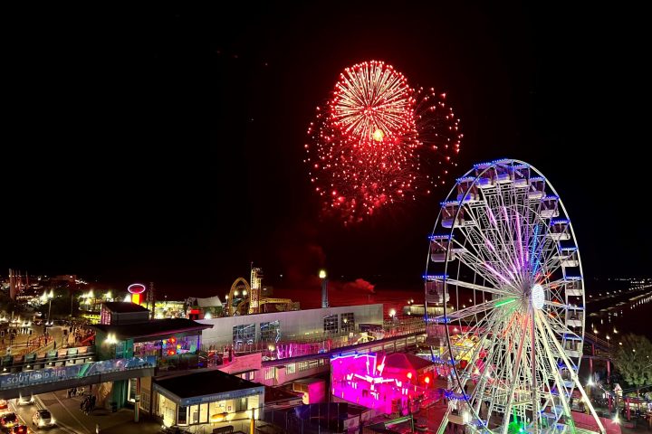 a lit up city at night