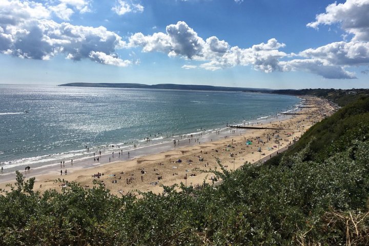 a group of people on a beach near a body of water