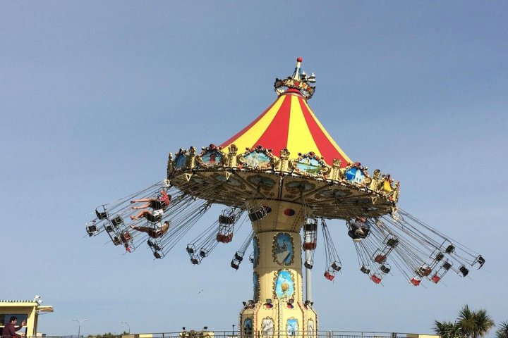 a large clock tower in the background