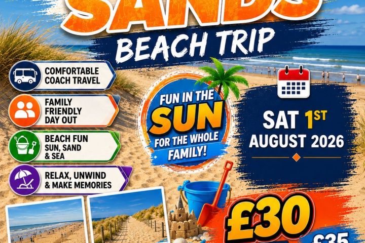 Colorful flyer for Camber Sands beach trip in August 2026 with family activities and pricing details.