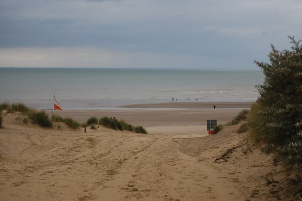 Beach view from sandy path with sea in the background under cloudy sky.