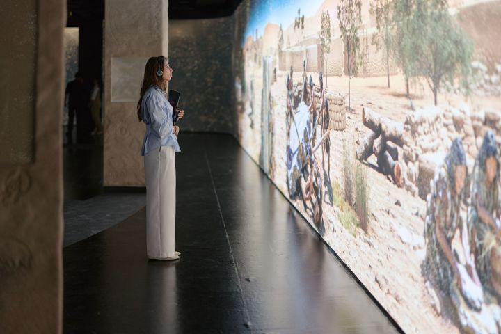 Woman in gallery observing a large wall display depicting a desert scene.