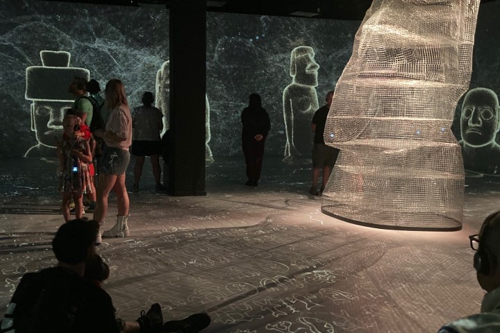 People at an art exhibition with wire sculptures and projected designs.